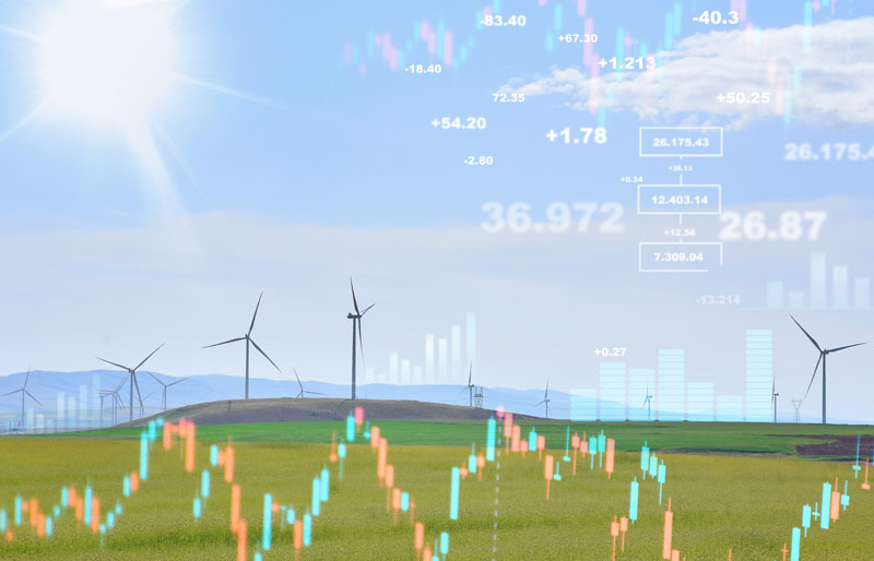 Cadrage sur un champ avec éoliennes, des informations financières superposées à l'image